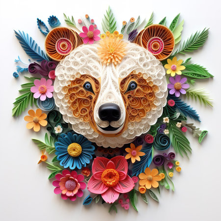 Colorful flowers and bear head made of paper on white background.の素材