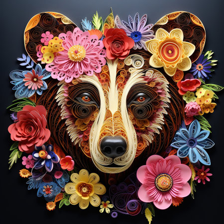 Colorful flowers and bear head on black background. Floral design.の素材