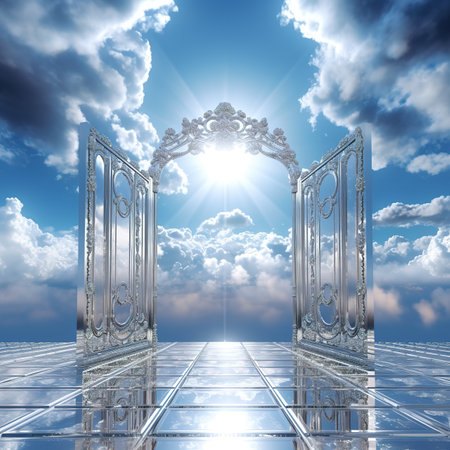 Doorway to heaven with clouds and sun rays. 3d renderの素材