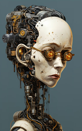 3d rendering humanoid robot with eyeglasses and cyborg headの素材