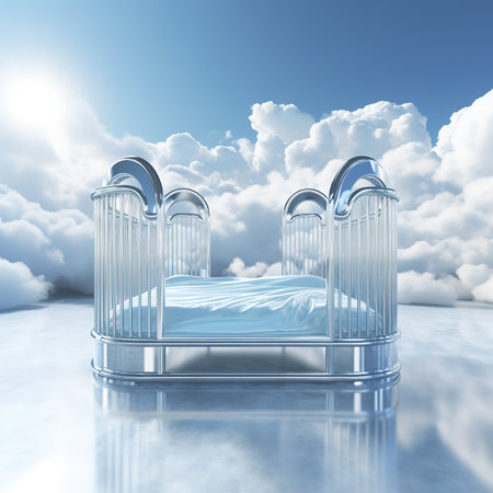 3d rendering of a bed in a blue sky with clouds.の素材