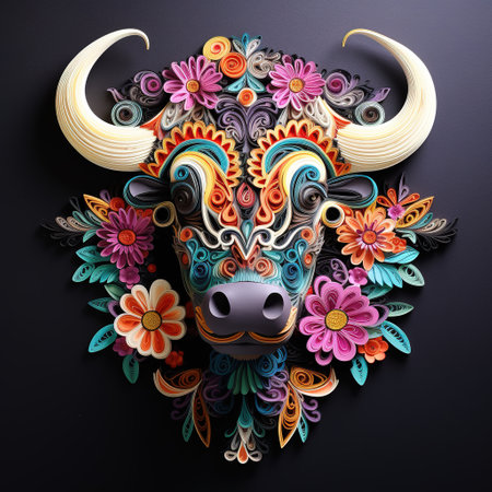Tribal buffalo head with colorful flowers on black background.の素材