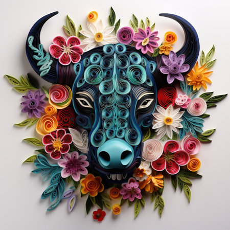 Creative illustration of a buffalo head with colorful flowers and leaves.の素材