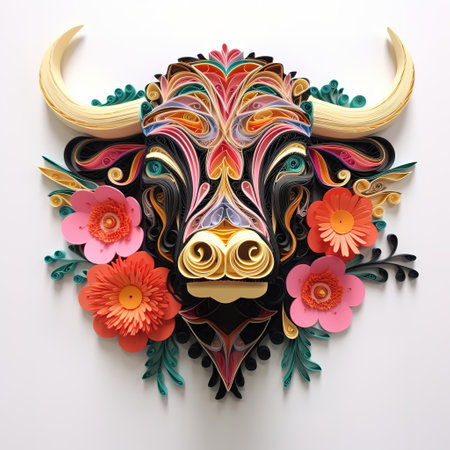 Bull head with floral pattern on white background. 3D illustration.の素材