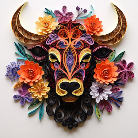 Colorful buffalo face made of paper flowers and leaves on white backgroundの素材
