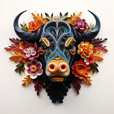 Colorful buffalo head made of flowers and leaves on white background.の素材