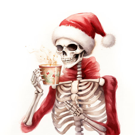 Skeleton in a Santa Claus hat with a cup of hot drinkの素材