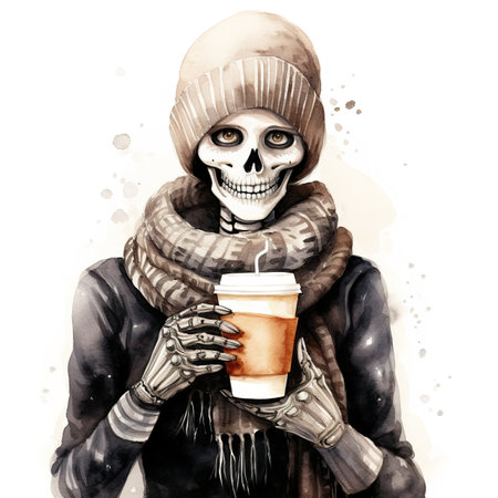 Skull in winter coat with a cup of coffee. Watercolor illustrationの素材