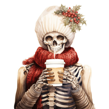 Skull in a red scarf and hat with a cup of coffeeの素材