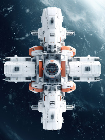 3D rendering of a space station in outer space with a world mapの素材