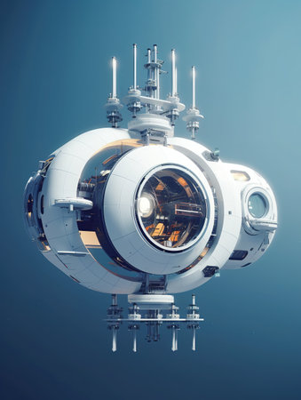 3D rendering of a space station isolated on a blue background.の素材