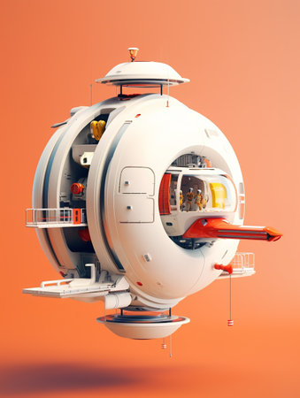 Space ship isolated on a orange background. 3d render illustration.の素材
