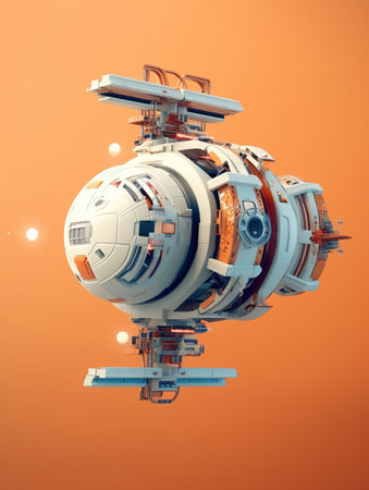 3D rendering of a space station isolated on a orange background.の素材