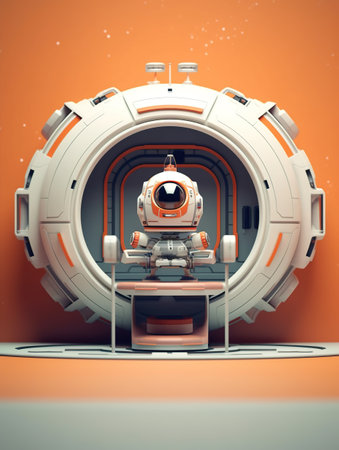 3D rendering of an astronaut in a spaceship with an orange backgroundの素材