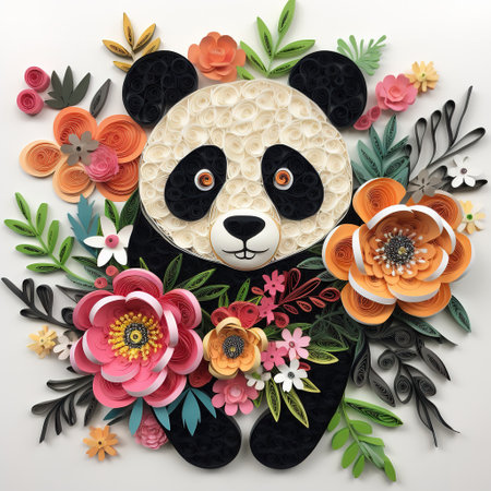 Panda bear with flowers and leaves on white background. 3d illustrationの素材