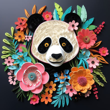 illustration of cute panda with flowers, leaves and butterflies.の素材
