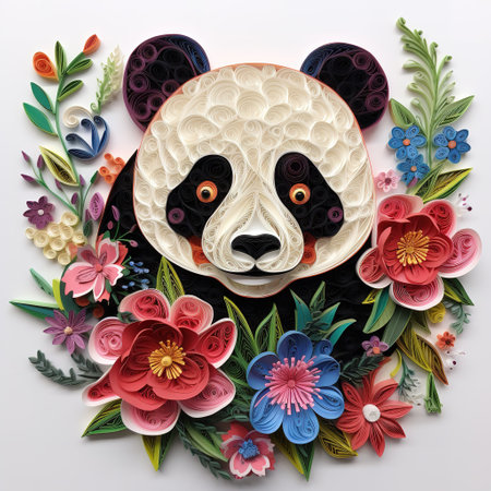 Paper cut style illustration of a giant panda with colorful flowers.の素材