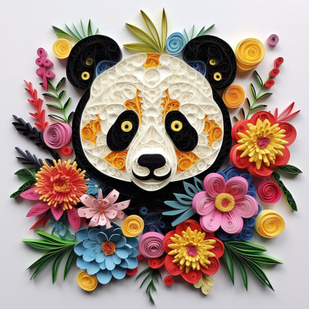 Panda face made of flowers and leaves. 3D illustration.の素材