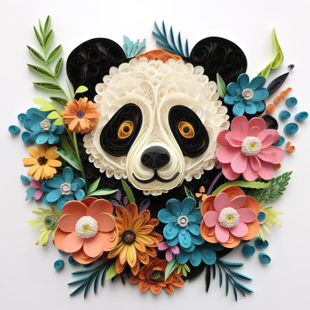 Paper art of panda face with flowers and leaves on white backgroundの素材