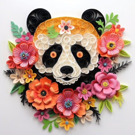 Paper art of panda bear head with floral decoration on white backgroundの素材