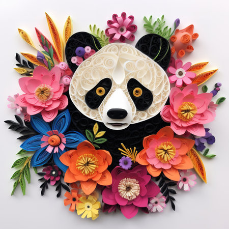 Panda head made of flowers, leaves and feathers on a white backgroundの素材