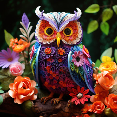 Beautiful colorful owl sitting on a log surrounded by flowers and leavesの素材