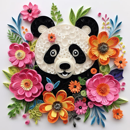 Flower and panda face on white background. 3d illustrationの素材
