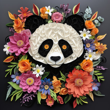 Panda with flowers on a black background. 3d illustration.の素材