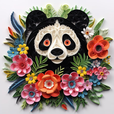 Panda face made of flowers and leaves on white background.の素材