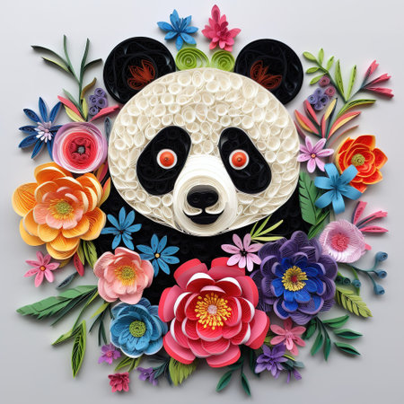 Paper cut style illustration of a pandas head surrounded by flowers.の素材