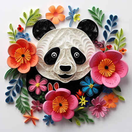 Panda with flowers and leaves. Paper cut style.の素材