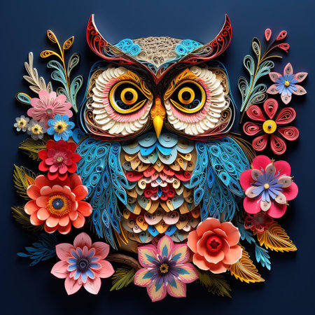 Owl with flowers on a dark blue background.の素材