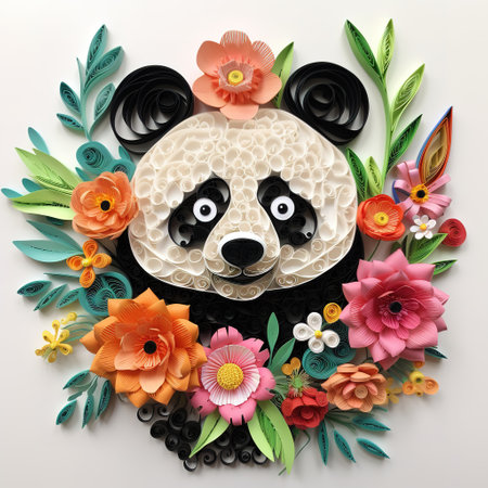Paper art of cute panda with flowers and leaves on white backgroundの素材