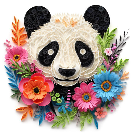Panda face with colorful flowers and leaves. illustration isolated on white background.の素材