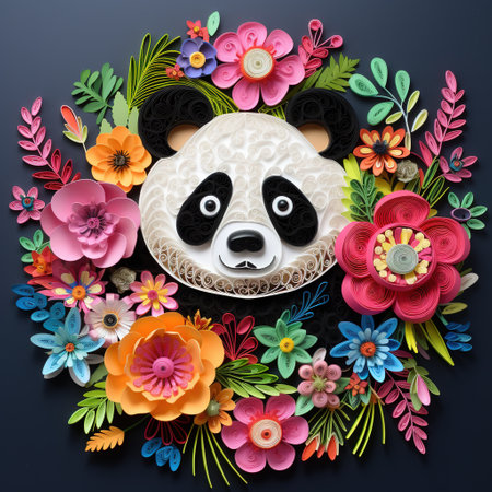 Cute cartoon panda with flowers and leaves on dark background.の素材