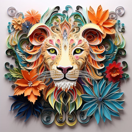 Lion head with flowers. Zodiac sign. 3D illustrationの素材