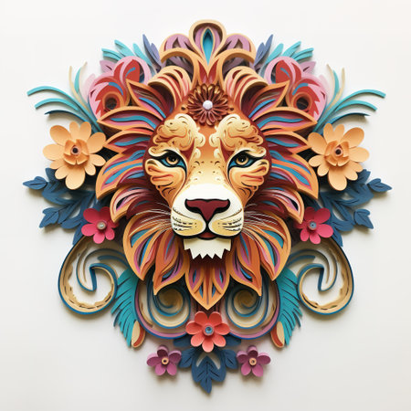 Lion head with colorful flowers on white background.の素材