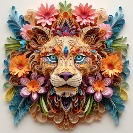 Lion head with floral ornament. Colorful illustration. 3D renderingの素材