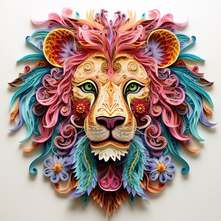 Lion head with multicolored feathers on a white background.の素材