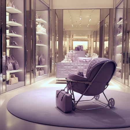 3d rendering of a luxury shopping mall with a stroller.の素材