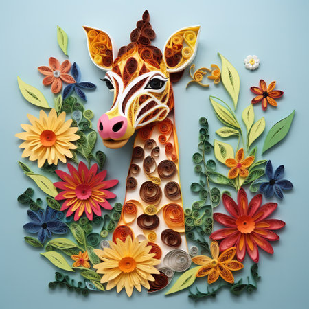 Giraffe made of paper cut flowers and leaves on blue backgroundの素材