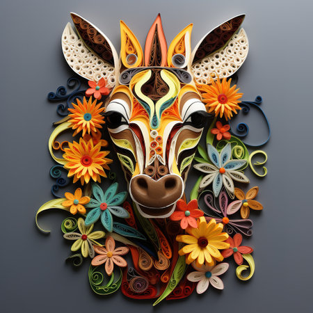 Giraffe made of colorful flowers on black background.の素材