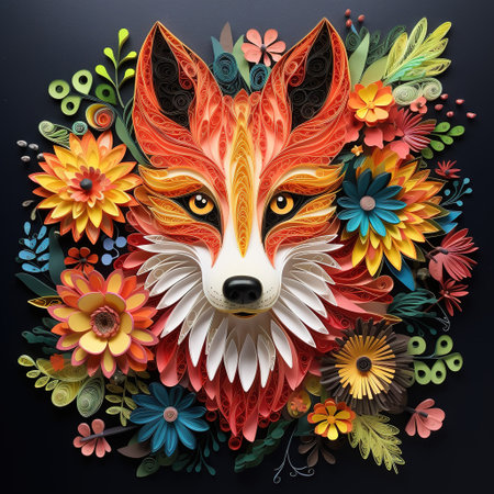 Beautiful fox face with floral ornament on black background.の素材