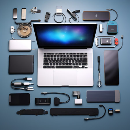Highly rendering of a laptop and various electronic devices on blue backgroundの素材