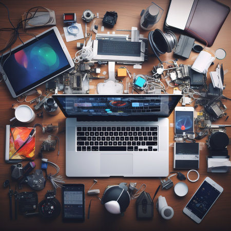 Top view of the desk of a photographer with a laptop, tablet, smartphone and other itemsの素材