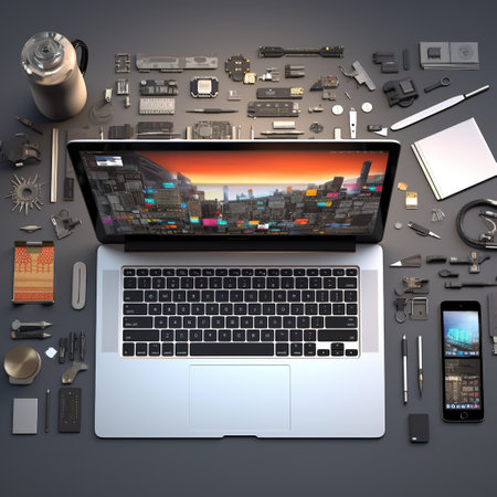 Top view of a laptop with a lot of tools on the table.の素材