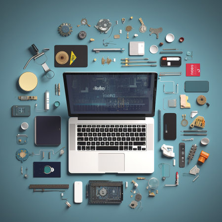 Top view of modern laptop with various tools and accessories on blue backgroundの素材
