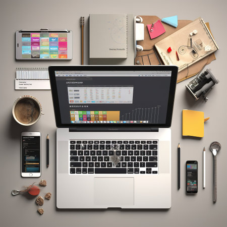 Top view of modern workplace with laptop, tablet, stationery and coffee cup on grey backgroundの素材