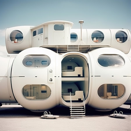 White camper trailer on the beach. Vacation and travel concept.の素材