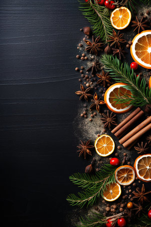 Christmas background with fir tree branches, spices and oranges on black wooden table. Top view with copy spaceの素材